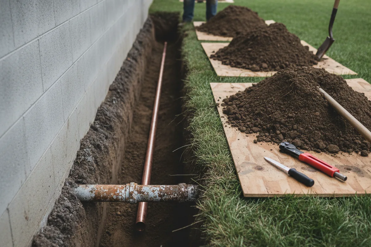 Excavated water line trench during Water Heater Repair in Phyllis